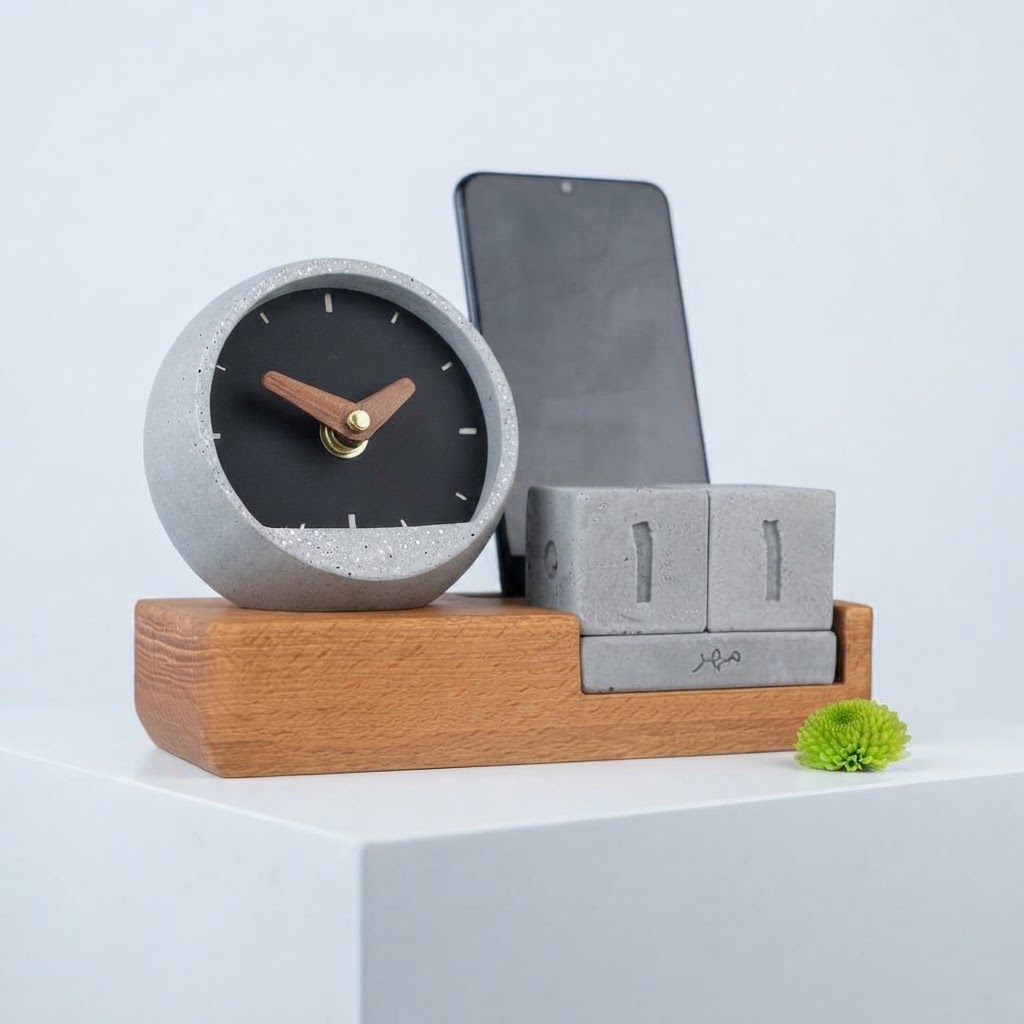 ساعت رومیزی و تقویم دائمی بتنی چوبی بتوود کد SB-200 - تصویر 3